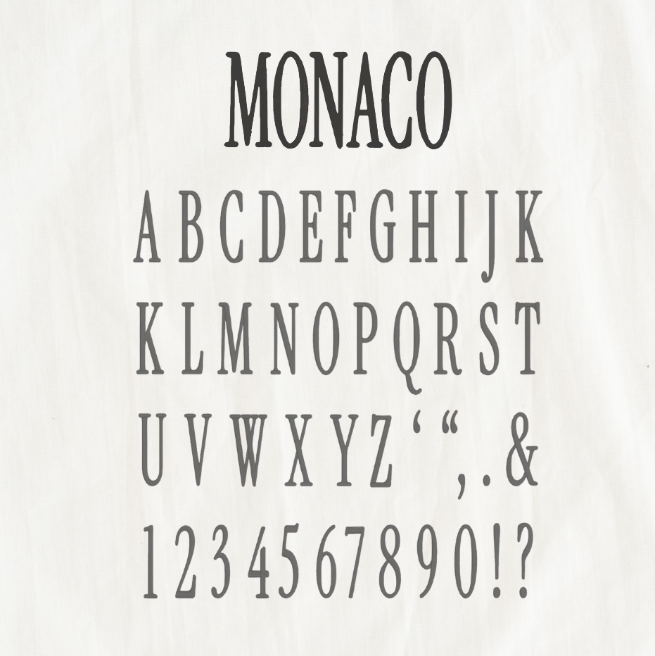Monaco font set on a white background with 'Ever Embroidered' branding.
