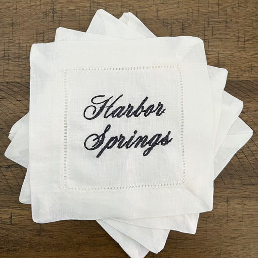 Harbor Springs, Custom City, or Text Embroidered Linen Cocktail Napkin